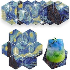 AiYuanzsh 7피스 육각형 5D 다이아몬드 페인팅 컵받침 세트 홀더 포함 - 반 고흐의 별이 빛나는 밤 모자이크 아트 컵 매트에서 영감을 받은 DIY 퍼즐 테이블 장식 및, Starry Sky