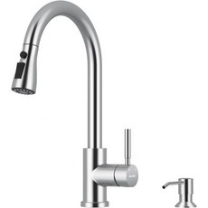 WEWE 주방 수도꼭지 풀 다운 스프레이어 스테인리스 스틸 싱글 핸들 1구 가족용 주방용 크롬 비누 디스펜서 싱크대용