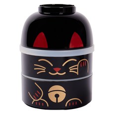 HAKOYA 招財貓木雕造型雙層便當盒, 黑色, 1個