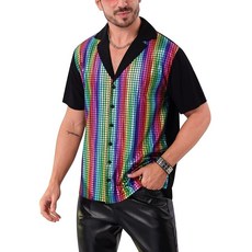 남성용 70년대 디스코 샤이니 반소매 스팽글 메탈릭 셔츠 레이브 나이트클럽 셔츠 댄스 홀리데이 파티용 다채로운 블랙 S