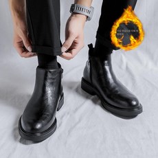 남성 앵글 부츠 앵클 남성구두 구두 반부츠 신발 남자 캐주얼 소가죽 키높이 방한화 속굽, 1개, 블랙 플리스 안감