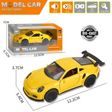 1:36聲光合金車模型 仿真跑車 迴力賽車 男孩兒童汽車玩具 精美收藏擺件, 911黃色-音效+車燈+開門+回力, 1個