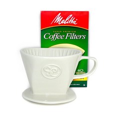 Simply 참ed Melitta 필터 40개가 있는 세라믹 푸어 오버 커피 메이커 - 풍부한 브루드 커피를 위한 우아한 1인용 드리퍼 베이스 치수 10.2cm(4인치) 높이, 화이트_145667