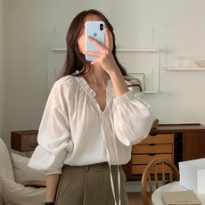 빅사이즈 프릴 여성 러블리 버튼 벌룬 블라우스 빅사이즈 하객룩 셔츠 남방