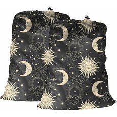 헤비듀티 폴리에스터 천탁 및 보관 가방 45x65cm - 끈 잠금 장식 재사용 가능한 드로스트링 백 더러운 옷 장난감 여행용 다목적 - 스토리지 오거나이저 빨래백, 2개, 별과 달