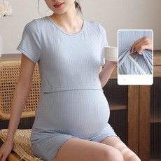 티류으스 여성 여름 수유티 반팔 임산부 잠옷 산후조리복 얇은 외출 수유나시 티셔츠 WY