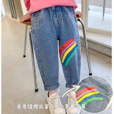 萱寶媽咪baby 韓版兒童休閒牛仔長褲 男童女童四季百搭童褲 卡通印花造型 彈性腰圍