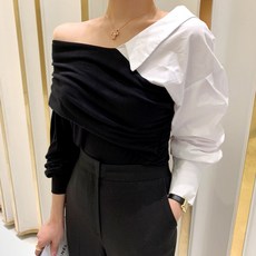 有趣的女孩 1514 卡拉剪裁不光頭上衣露肩泡泡 T恤