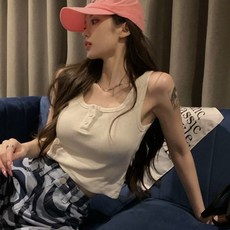 여성 여름 크롭기장 라운드넥 버튼포인트 슬리브리스 나시 여성티셔츠 버튼 크롭나시 포인트