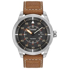Citizen 남성용 Eco-Drive 3핸드 데이트 아비온 시계 가죽 스트랩 포함 (스타일: AW1361:10H) 브라운. 캐주얼