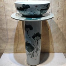 復古立柱式洗手盆 圓形洗手台 高溫陶瓷, 荷花小魚三件套無配件