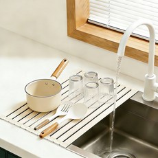 식기건조대 실리콘 롤매트 주방 수납 선반 롤링 접이식 물빠짐 매트 내열성 알루미늄 싱크대 확장 1 단 미니 대형 주방용품, 화이트, 1개