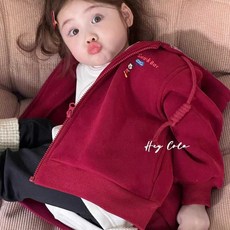 女童加絨連帽拉鍊外套，紅色，適合4-12歲，印花設計，保暖舒適