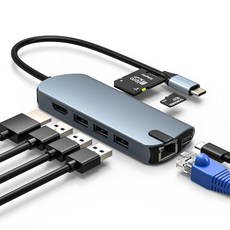 8-in-1 USB C 허브 이더넷 어댑터 4K@60Hz HDMI 100W PD 충전 USB 3.0 포트 3개 1Gbps RJ45 SD/TF 카드 리더기 맥북 프로/, 8-in-1 USB C 허브 이더넷 어댑터, 4K@60