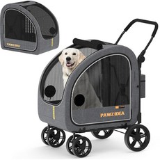PAWZIDEA 고양이 유모차 4 in 1 분리형 락 노집 캐노피 개 카시트 집 접이식 개 조거 유모차 대형 수납 바구니 소형/중형견용 반려동물 유모차, Mid- Grey, Detachable
