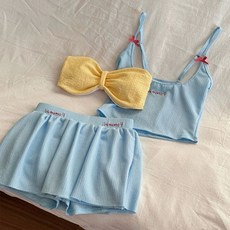 夏季新款分體三件式泳衣 少女比基尼 甜美純欲風沙灘泳裝, 湖藍色,均碼建議40.0-60.0公斤