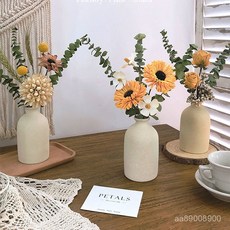 尤加利葉鬆果滿天星擺件擺設，真花風乾花束裝飾，客廳天然擺飾, (粗陶花瓶)雙棉太陽花,乾花包
