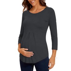 GLAMP 램프unch 여성용 임산부 상의 쇼트 & 7부 소매 라운드넥 프론트 플리츠 페플럼 튜닉 탑 셔츠 차콜 XL 120706