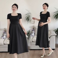 임산부 반팔 원피스 여름 임부복 외출원피스 빅사이즈 스퀘어넥 롱원피스 빅사이즈 임부 반팔 롱원피스 CJJ