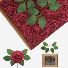 ECLATIS YEHLIABO 노란색 조화 실제 모양의 폼 인조 장미 50개 인공 웨딩 꽃 콤보 부케 센터피스 꽃꽂이 장식용 옐로우 50 304935, 버건디