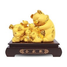 사라코 개업 선물 인테리어 풍수 용품 황금 복돼지 7가족 조각상, 황금색