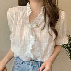 여성 레이스 프릴 오피스룩 캐주얼룩 브이넥 블라우스 화이트 여자 여성상의 블라 쉬폰 플라워