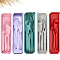 여행 기구 세트 - 재사용 가능한 밀짚 플라스틱 커틀러리 5세트 케이스 휴대용 포크 스푼 및 나이프 세트 친환경 BPA 프리 매일 사용 (다크 그린 오렌지 옐로우 퍼, 그레이, 레드, 다크 그린, 핑크, 퍼플