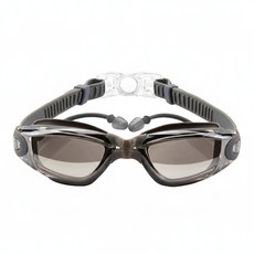 電鍍防霧連體耳塞式泳鏡 成人泳鏡 大框游泳眼鏡 柔軟矽膠平光蛙鏡, 電鍍黑色, 1個