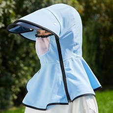 防曬帽子女夏天遮臉騎車護臉脖子遮陽帽戶外防蟲面紗可摺疊太陽帽, 藍色,均碼適合頭圍55-59CM