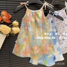 Hi！Kids女童公主裙寶寶弔帶裙，油畫風印花洋氣沙灘裙，網紅清晰度假無袖夏季