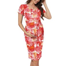 플로럴 메시 비숍 긴소매 임산부 미디 드레스 베이비 샤워용 가을 임산부 바디콘 드레스 긴소매 브라이트 블루 M