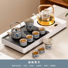 茶道用具 茶盤整套 泡茶用具 懶人茶具 陶瓷茶具 2024新款茶盤全自動套裝一體泡茶燒水壺家用客廳煮茶功夫茶具茶臺, 1個, 白璽棠盤竹柄壺米黃汝窯星花提梁壺10件