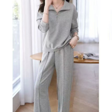 오스틱니 100kg까지 빅사이즈 2025 여성용 가을 단색 캐주얼 트레이닝복 세트 칼라넥 긴팔 상의+ 밴딩 허리 긴 바지