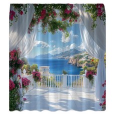 XHUUXH 이탈리아 해안 샤워 커튼 바다 해변 풍경 꽃 섬 유럽 도시 전망 열대 하와이 자연 경관 창문 장식 욕실 세트 후크 포함