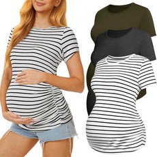 MIRAZEN 3팩 여성용 임산부 셔츠 - 크루넥 임산부 상의 반소매 임산부 티셔츠 다크 그레이/아미 그린/화이트 스트라이프 L