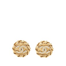 샤넬 중고 1980-1990 CC 로고 골드 도금 라인스톤 라운드 클립온 이어링