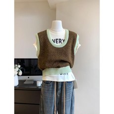 대비색 풀오버 루즈핏 니트 조끼 여성 가을 겨울 디자인 감각 U 짧은 칼라 조끼