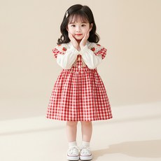 몽실이 니트카라 레이어드 체크원피스 여아 어린이 가을 봄 드레스 크로셰 딸기 외출복