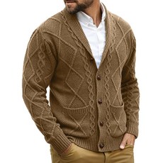 Comdecevis 남성용 숄 칼라 가디건 스웨터 케이블 니트 버튼 다운 긴소매 캐주얼 포켓 포함 브라운.