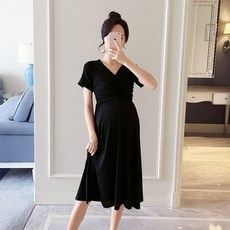 임산부 반팔 원피스 여름 임부복 외출복 빅사이즈 루즈핏 브이넥 롱원피스 임부 반팔 롱원피스 CJJ