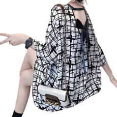 그리드 크로스 라인 패턴 백리본 임산부 반팔 원피스