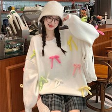 Vezri 여성 귀여운 캐주얼 니트 리본 포인트 루즈핏 스웨터 가을 겨울용