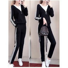 運動休閒套裝 女款春秋兩件式套裝 假兩件長袖上衣 彈力長褲