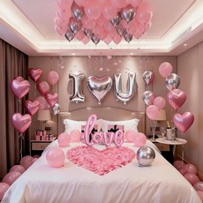 81.3cm(32인치) I Love You 풍선 핑크 실버 풍선 하트 모양 러브 포일 풍선 및 핑크 장미 꽃잎 1000개 기념일 발렌타인 데이 제안 로맨틱 장식 키트