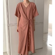 투니스 여성 루즈핏 단색 브이넥 스트랩 반소매 롱 원피스