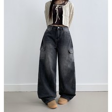 부기샵 칸토 스트릿 카고 데님 와이드 롱팬츠