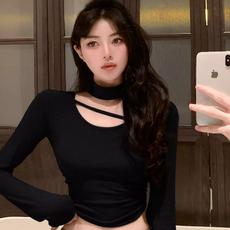 투니스 여성 단색 슬림핏 숏 긴소매 티셔츠