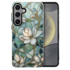 Heindiy 삼성 갤럭시 S25 엣지 케이스 광택 케이스 전방위 보호 충격 방지 긁힘 방지 TPU 커버 남성 여성 책장 책 크리스마스 트리 눈사람 케이스, Galaxy S24 FE, 빈티지 목련 꽃