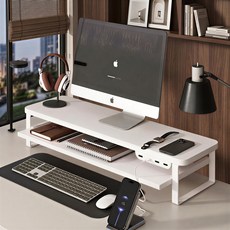 USB 수납 서랍형 다용도 거치대 우드 모니터 받침대, 퓨어 화이트