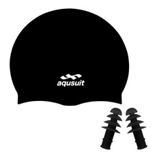 국내생산 아퀴스트 실리콘 수영모자&귀마개 세트 실내수영장 생존수영용품, 블랙(귀마개색상랜덤), 1개